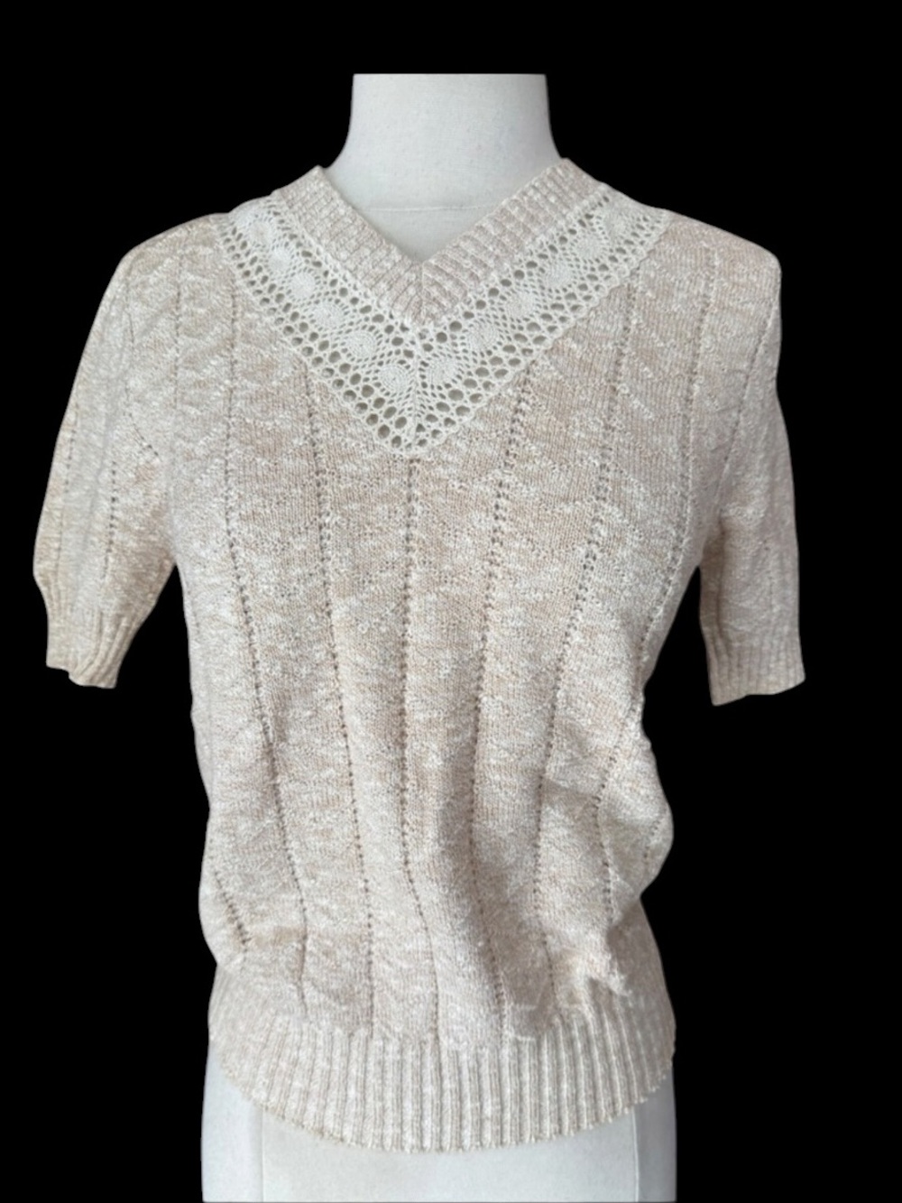 Vintage Eyelet Lace V-Neck 100% Cotton Pullover Sweater
